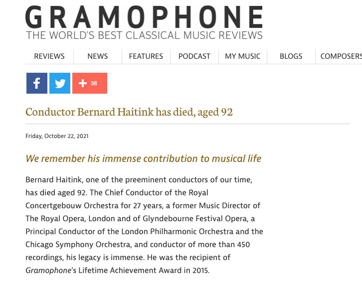グラモフォン誌のベルナルト・ハイティンク追悼の記事