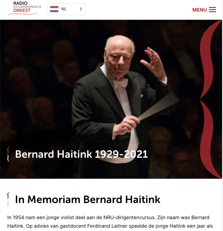 オランダ放送フィルフィルハーモニー管弦楽団の公式HPでのベルナルト・ハイティンク追悼